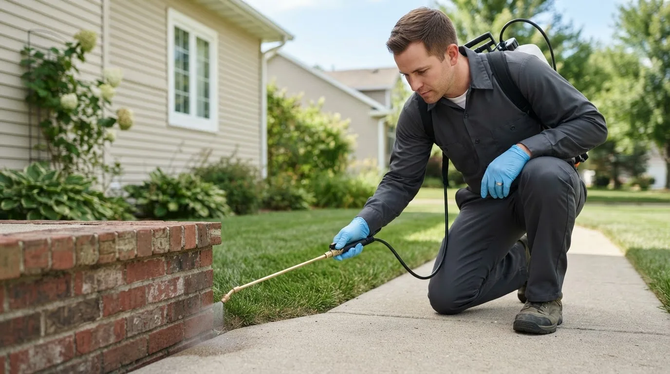 Pest control technician treating a home near North Hero, VT